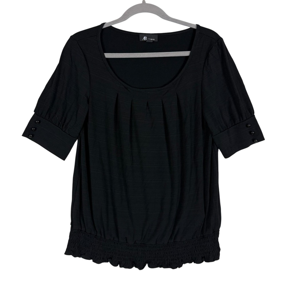 AB Studio Blouse Womens Medium Black Scoop Neck Short Sleeve Tunic Ruffle Hem